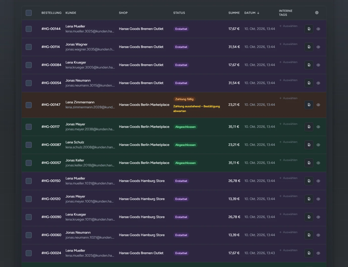 Order list in OtterOrbit with orders from three shops (demo data)