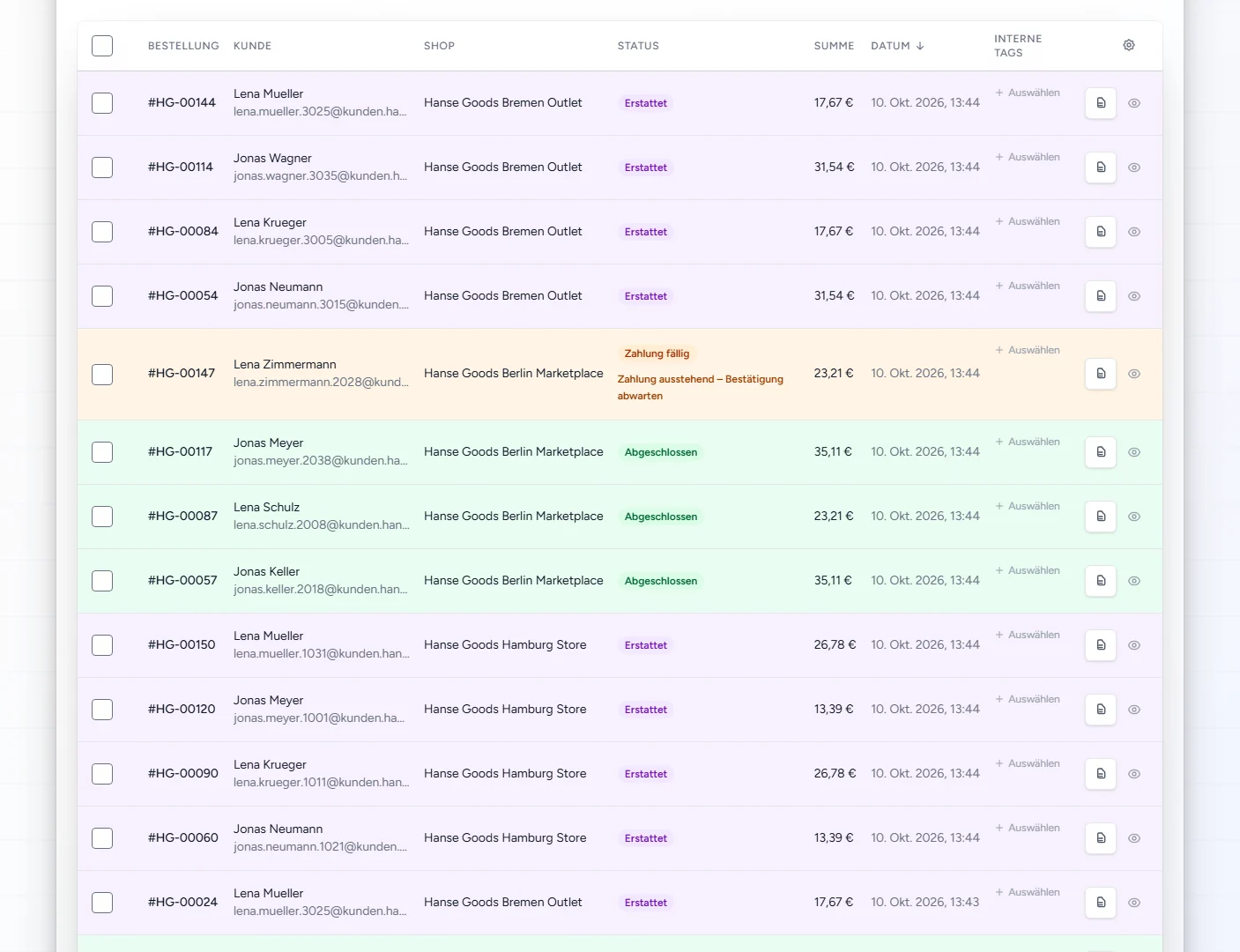 Order list in OtterOrbit with orders from three shops (demo data)