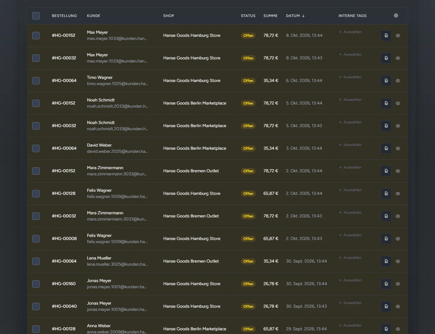 List of open orders in OtterOrbit (demo data)