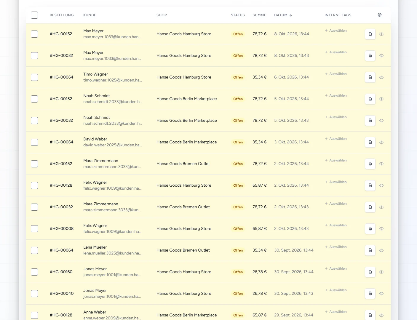List of open orders in OtterOrbit (demo data)