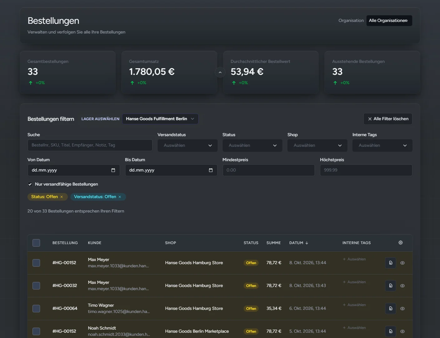 Order overview in OtterOrbit: orders from three shops in one list (demo data)