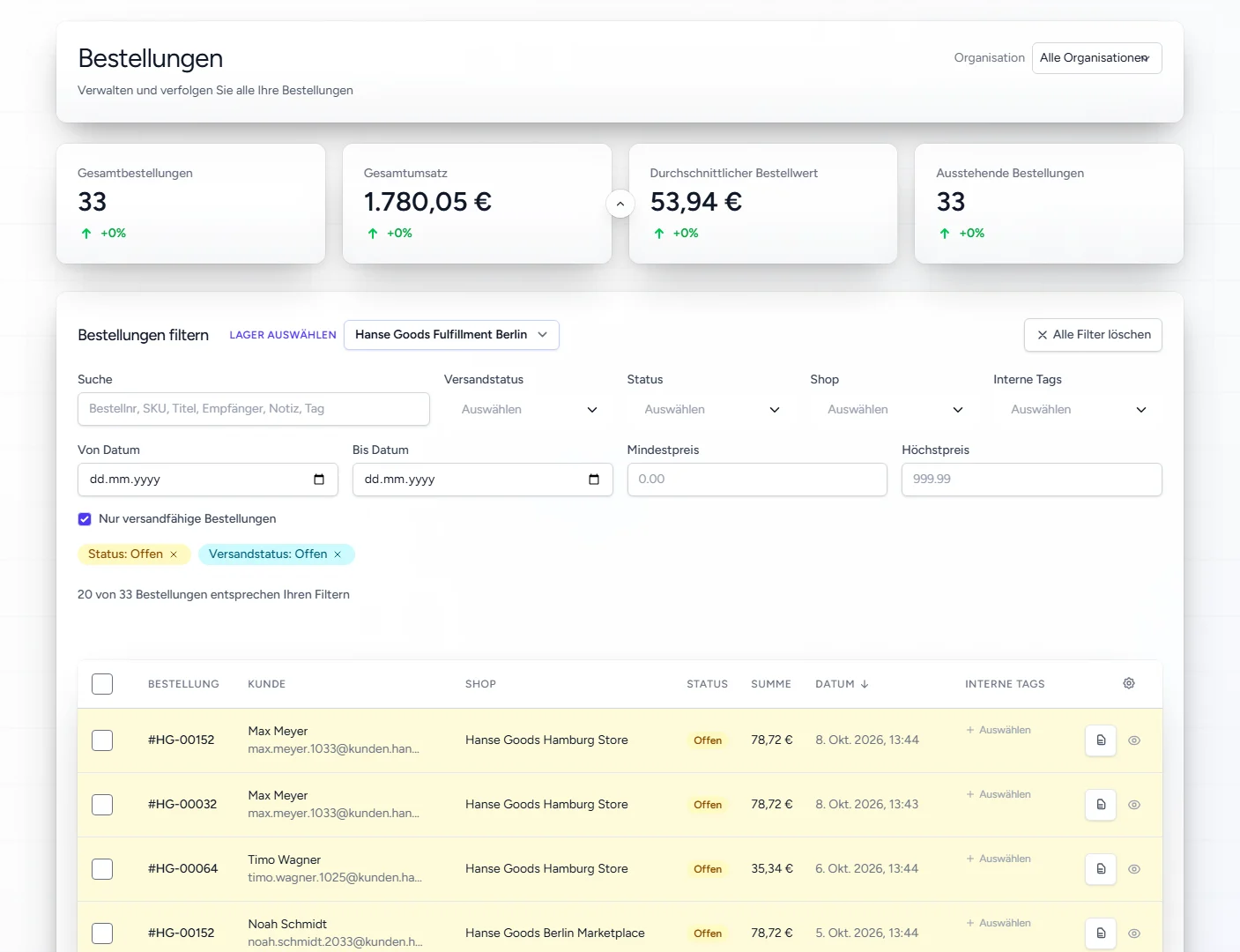 Order overview in OtterOrbit: orders from three shops in one list (demo data)